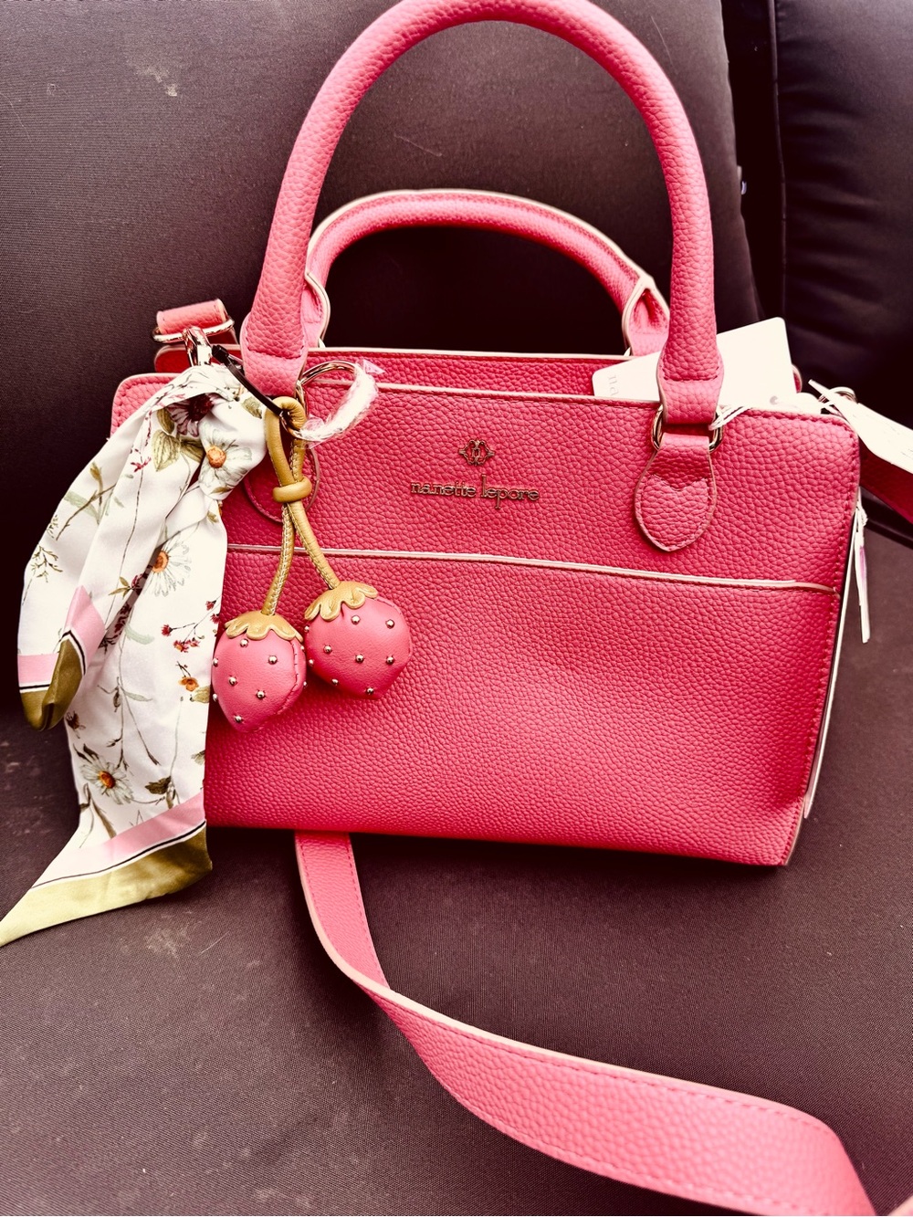 Nanette Lepore Coral Pebbled Satchel with Strawberry Charm and Scarf